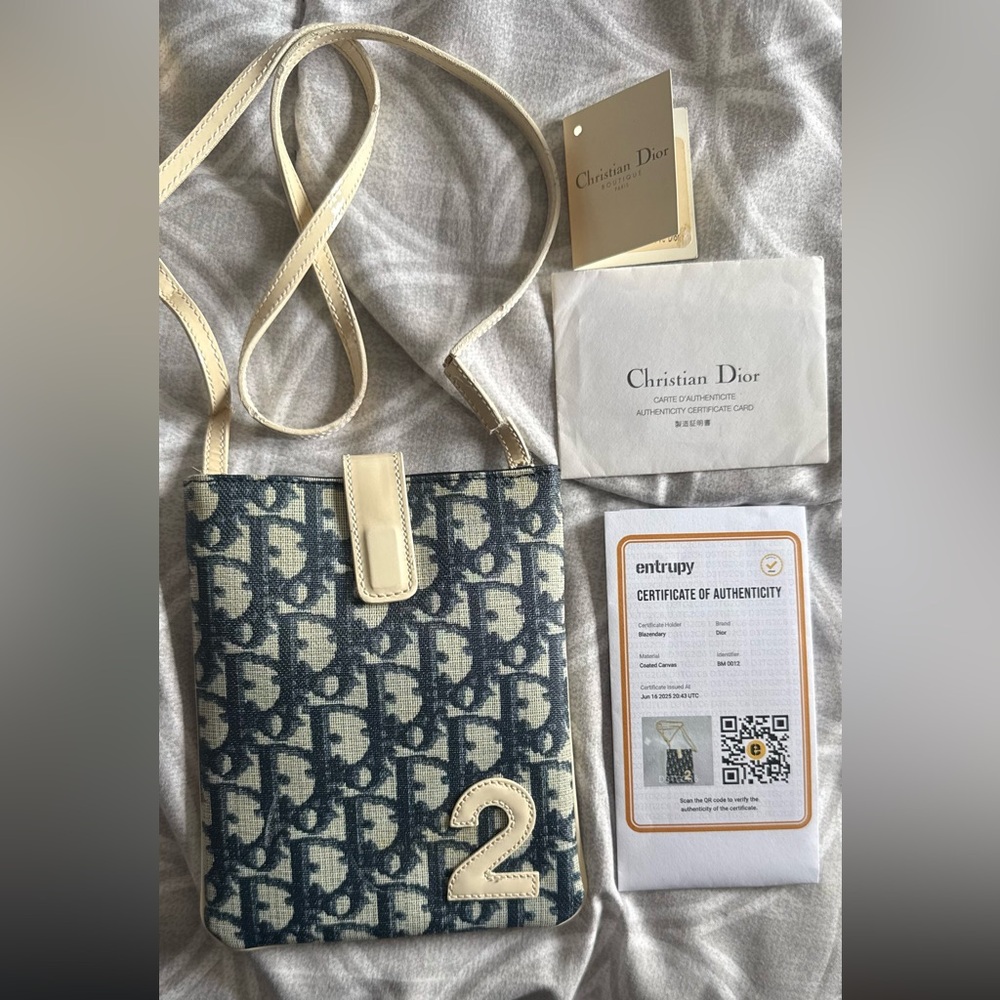 “Authentic “ Christian Dior Blue and Cream mini Crossbody Bag with COA